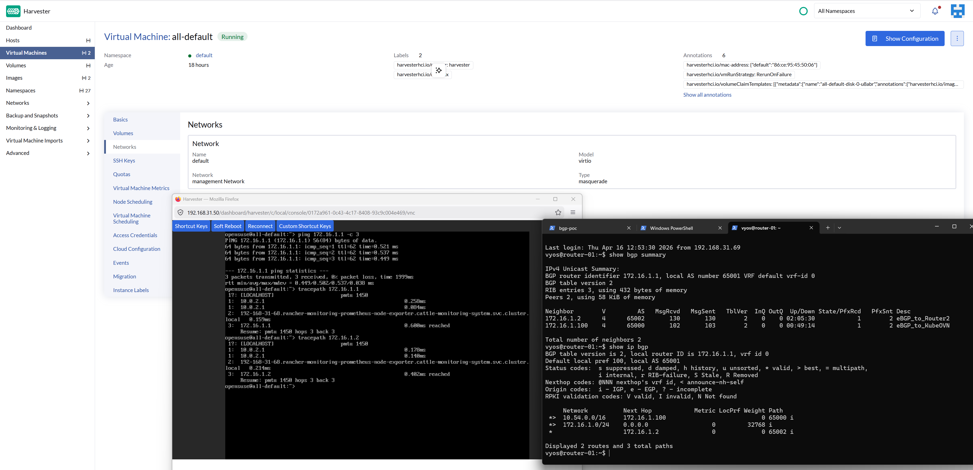 Terminal screenshot of router-02 successfully pinging a Kube-OVN pod IP, confirming end-to-end reachability over BGP-learned routes